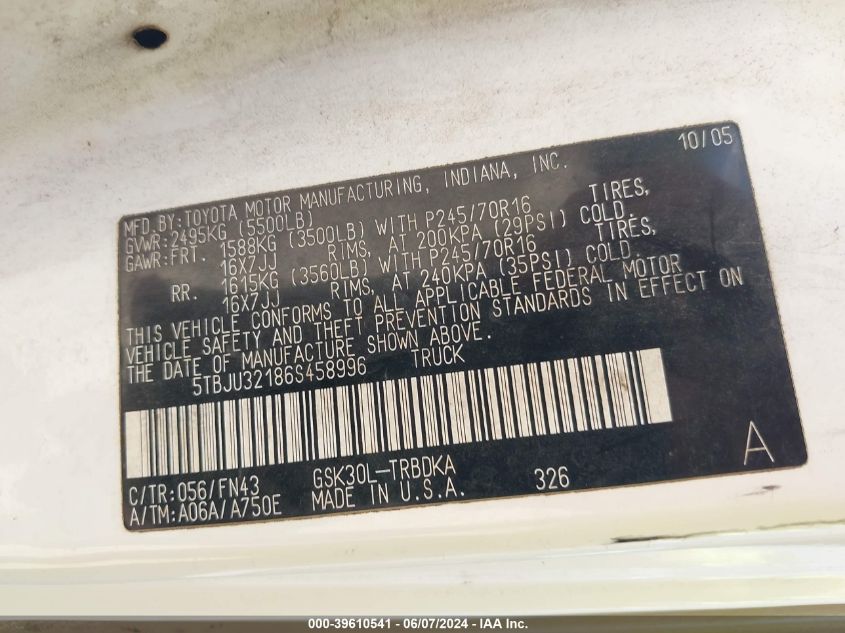 2006 Toyota Tundra VIN: 5TBJU32186S458996 Lot: 39610541