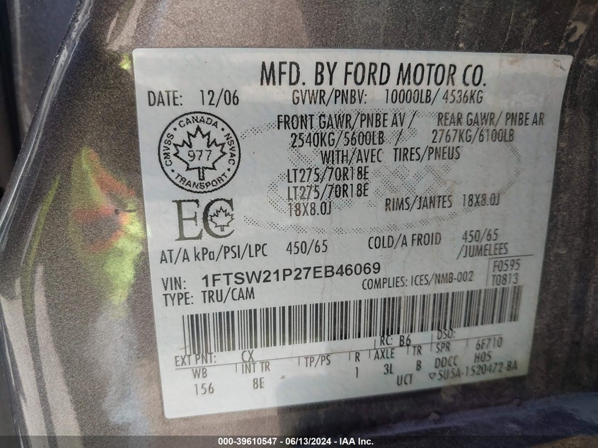 2007 Ford F250 VIN: 1FTWW31P65EB42269 Lot: 39610547