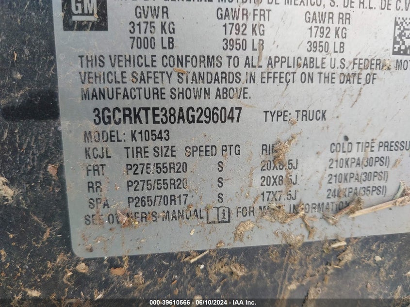 2010 Chevrolet Silverado 1500 Ltz VIN: 3GCRKTE38AG296047 Lot: 39610566