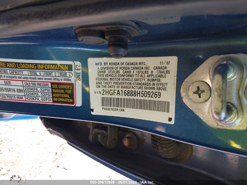 2008 Honda Civic Ex VIN: 2HGFA16888H509269 Lot: 39610569