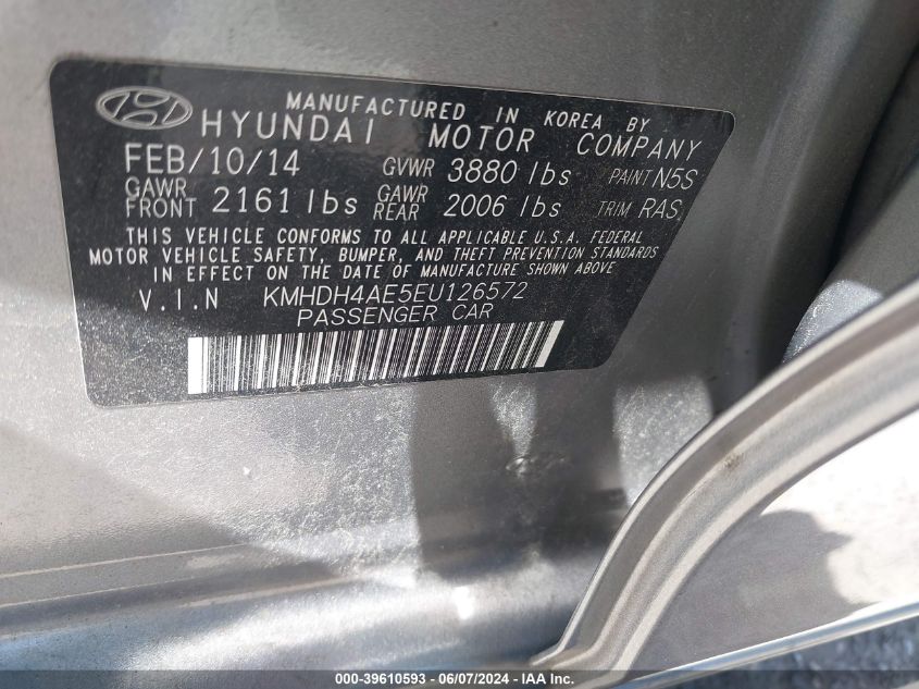 2014 Hyundai Elantra Se VIN: KMHDH4AE5EU126572 Lot: 39610593