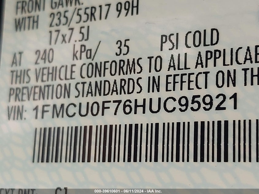 2017 Ford Escape S VIN: 1FMCU0F76HUC95921 Lot: 39610601