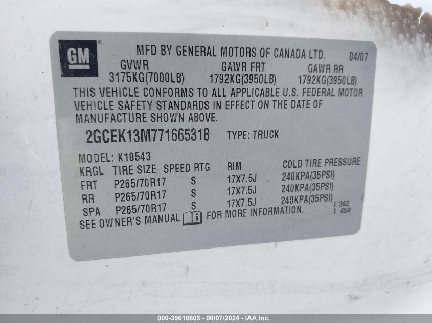 2GCEK13M771665318 2007 Chevrolet Silverado 1500 Lt1