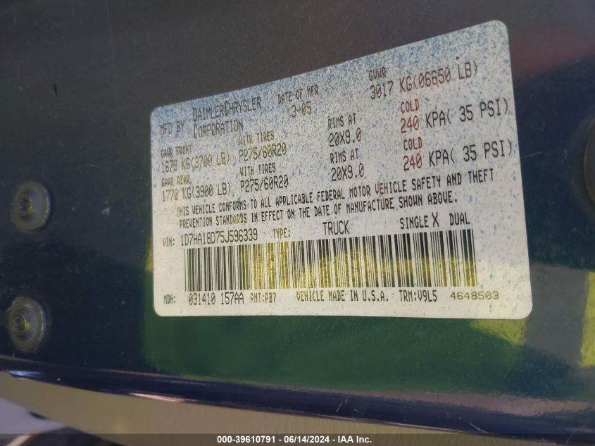 2005 Dodge Ram 1500 Slt/Laramie VIN: 1D7HA18D75J596339 Lot: 39610791