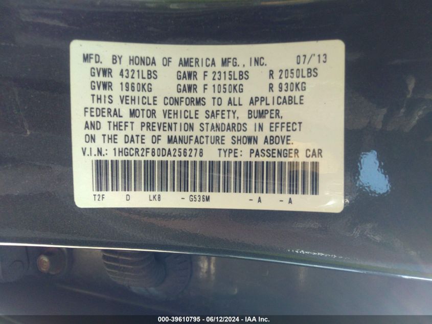 1HGCR2F80DA256278 2013 Honda Accord Ex-L