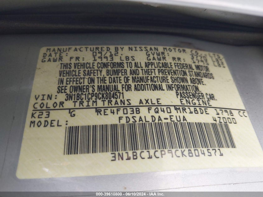 2012 Nissan Versa 1.8 S VIN: 3N1BC1CP9CK804571 Lot: 39610800