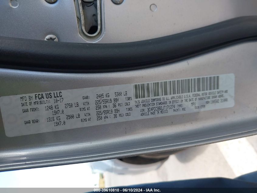 2018 Dodge Journey Sxt VIN: 3C4PDCBB2JT171274 Lot: 39610810