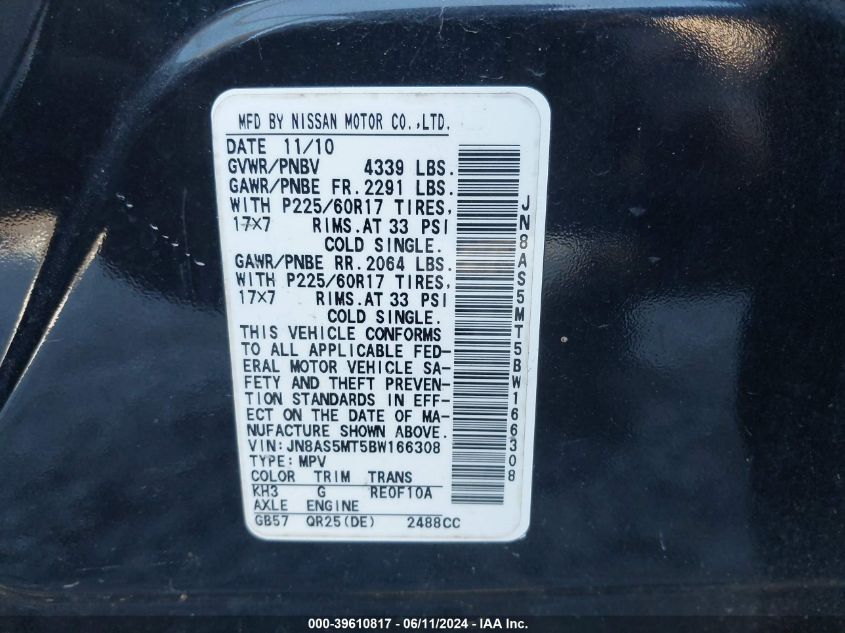 2011 Nissan Rogue Sv VIN: JN8AS5MT5BW116630 Lot: 39610817