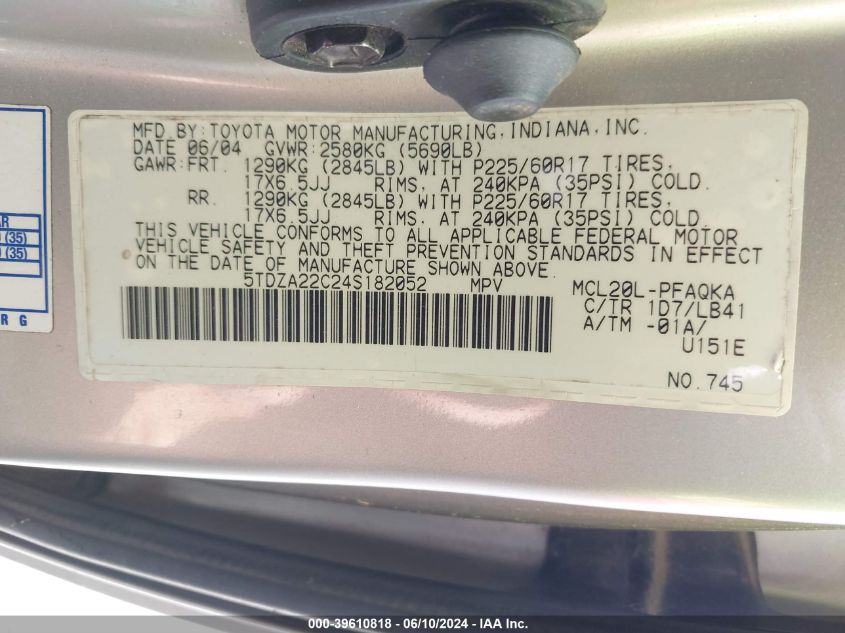 2004 Toyota Sienna Xle Limited VIN: 5TDZA22C24S182052 Lot: 39610818