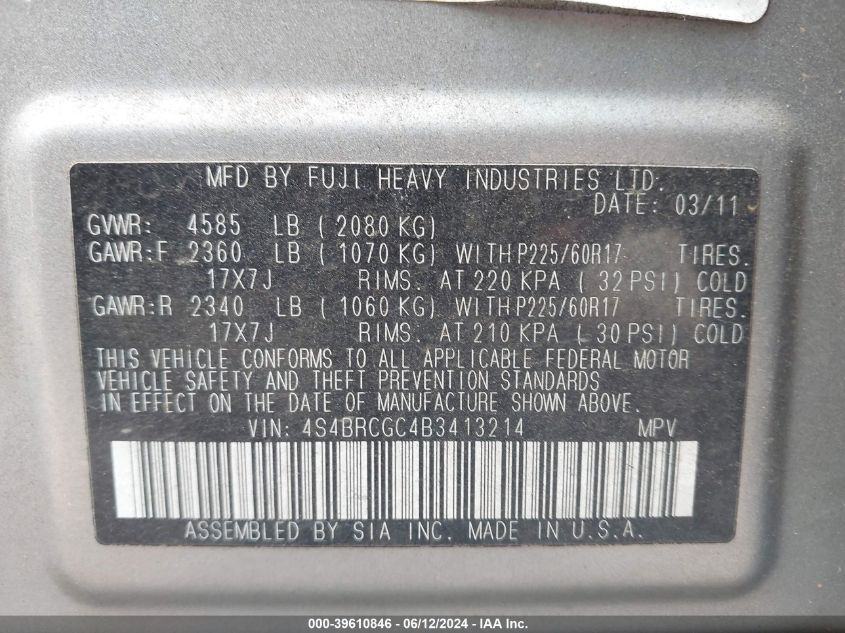 2011 Subaru Outback 2.5I Premium VIN: 4S4BRCGC4B3413214 Lot: 39610846