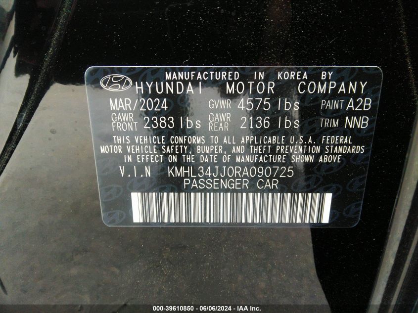 2024 Hyundai Sonata Hybrid Sel VIN: KMHL34JJ0RA090725 Lot: 39610850