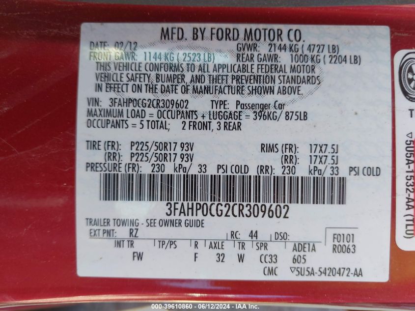 2012 Ford Fusion Sel VIN: 3FAHP0CG2CR309602 Lot: 39610860