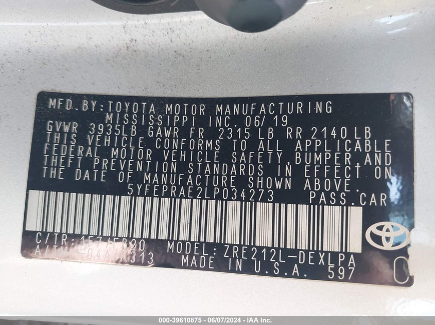 VIN 5YFEPRAE2LP034273 2020 TOYOTA COROLLA LE
