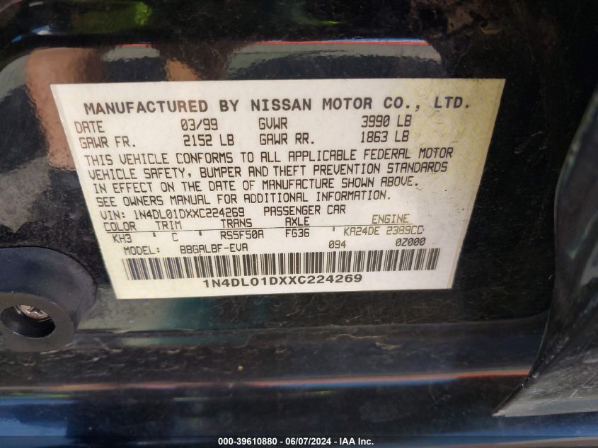 1999 Nissan Altima Gle/Gxe/Se/Se-L/Xe VIN: 1N4DL01DXXC224269 Lot: 39610880