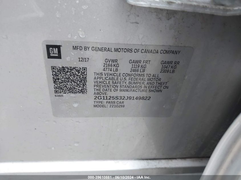 2018 Chevrolet Impala 2Lz VIN: 2G1125S32J9149822 Lot: 39610881