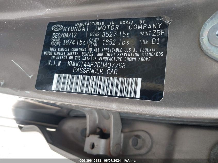 2013 Hyundai Accent Gls VIN: KMHCT4AE2DU407768 Lot: 39610883