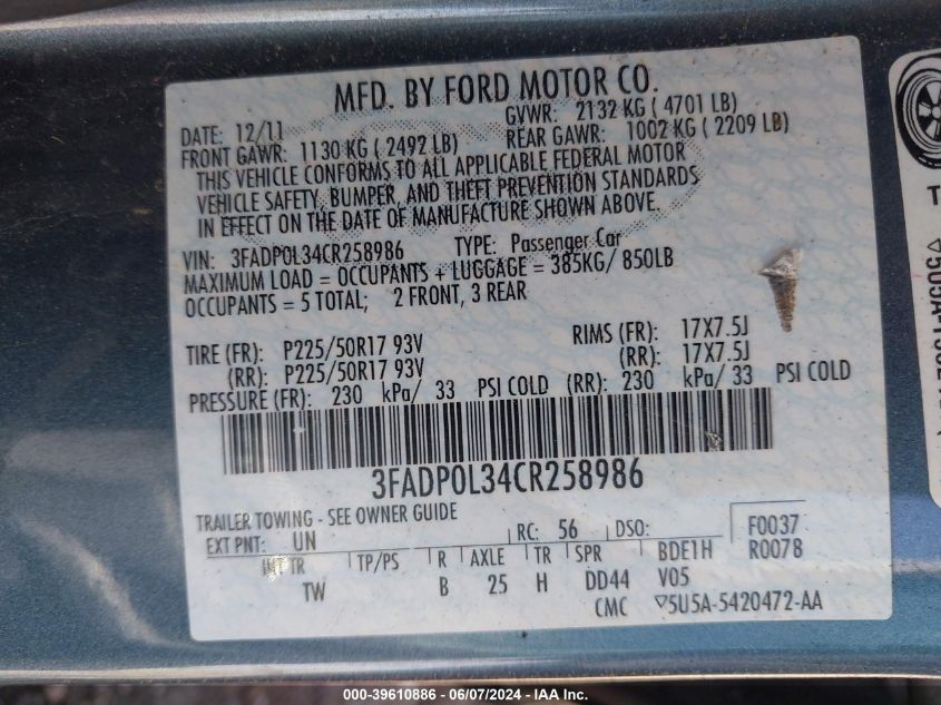 2012 Ford Fusion Hybrid Hybrid VIN: 3FADP0L34CR258986 Lot: 39610886