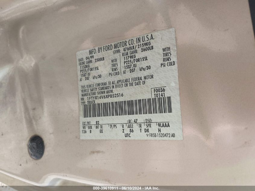 1999 Ford Ranger Xl/Xlt VIN: 1FTYR14V6XPB52516 Lot: 39610911