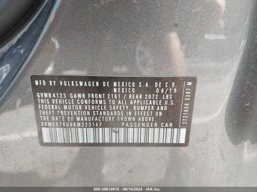 2019 Volkswagen Jetta 1.4T R-Line/1.4T S/1.4T Se VIN: 3VWC57BU8KM223147 Lot: 39610915