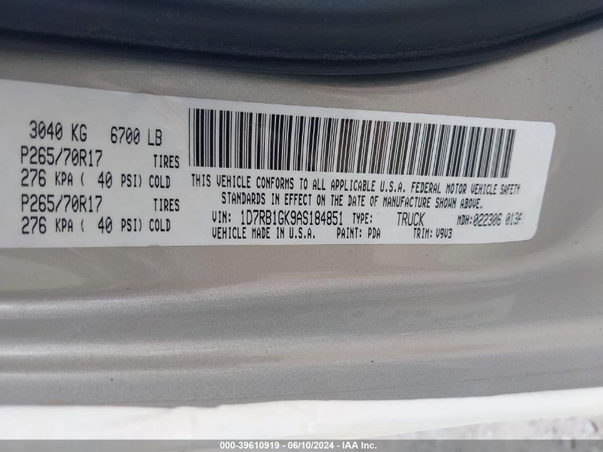 2010 Dodge Ram 1500 St VIN: 1D7RB1GK9AS184851 Lot: 39610919