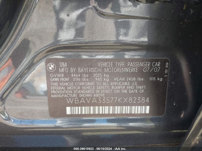 2007 BMW 328I VIN: WBAVA33577KX82384 Lot: 39610923