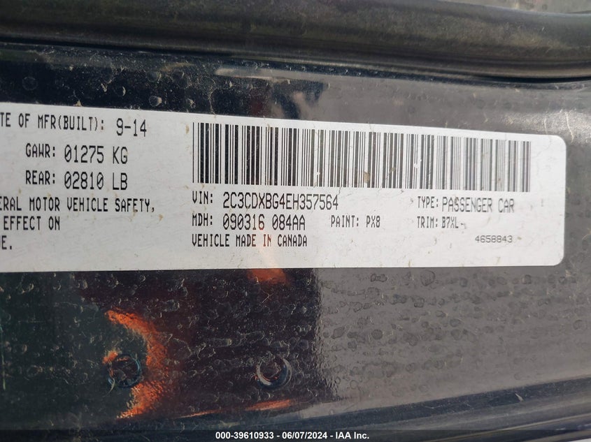 2014 Dodge Charger Se VIN: 2C3CDXBG4EH357564 Lot: 39610933