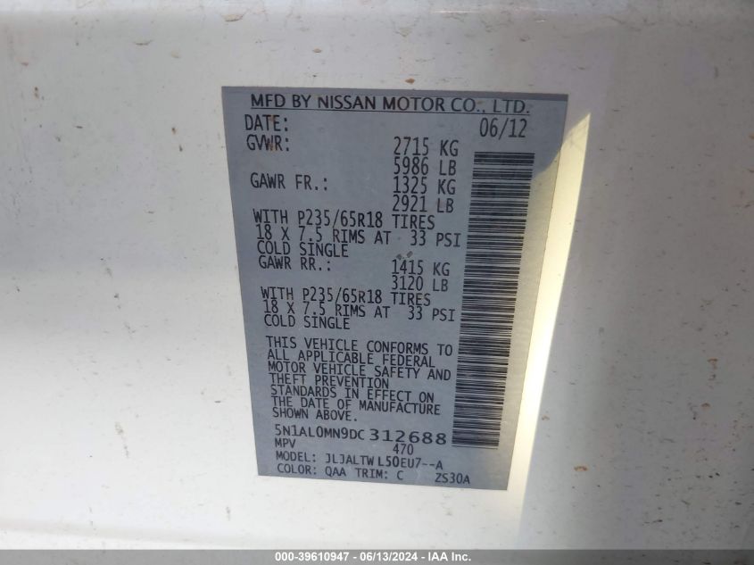 2013 INFINITI JX35 - 5N1AL0MN9DC312688