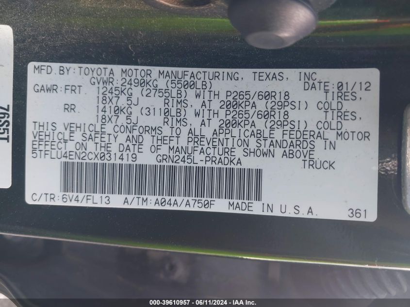 2012 Toyota Tacoma Base V6 VIN: 5TFLU4EN2CX031419 Lot: 39610957