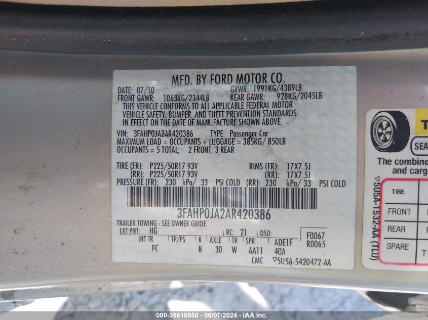 2010 Ford Fusion Sel VIN: 3FAHP0JA2AR420386 Lot: 39610958