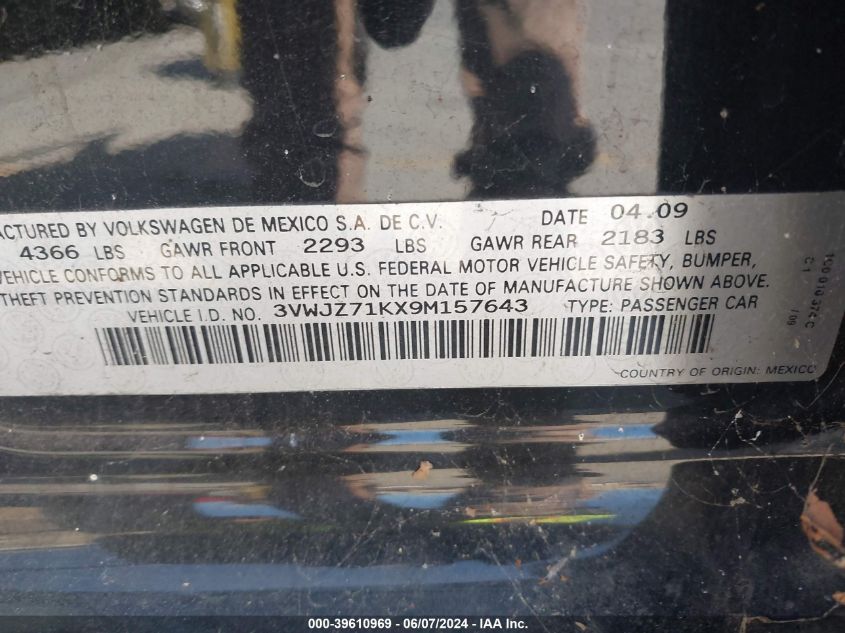 2009 Volkswagen Jetta S VIN: 3VWJZ71KX9M157643 Lot: 39610969