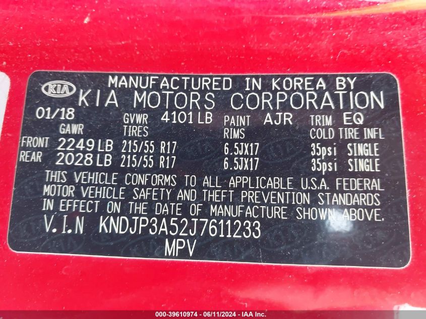 2018 Kia Soul + VIN: KNDJP3A52J7611233 Lot: 39610974
