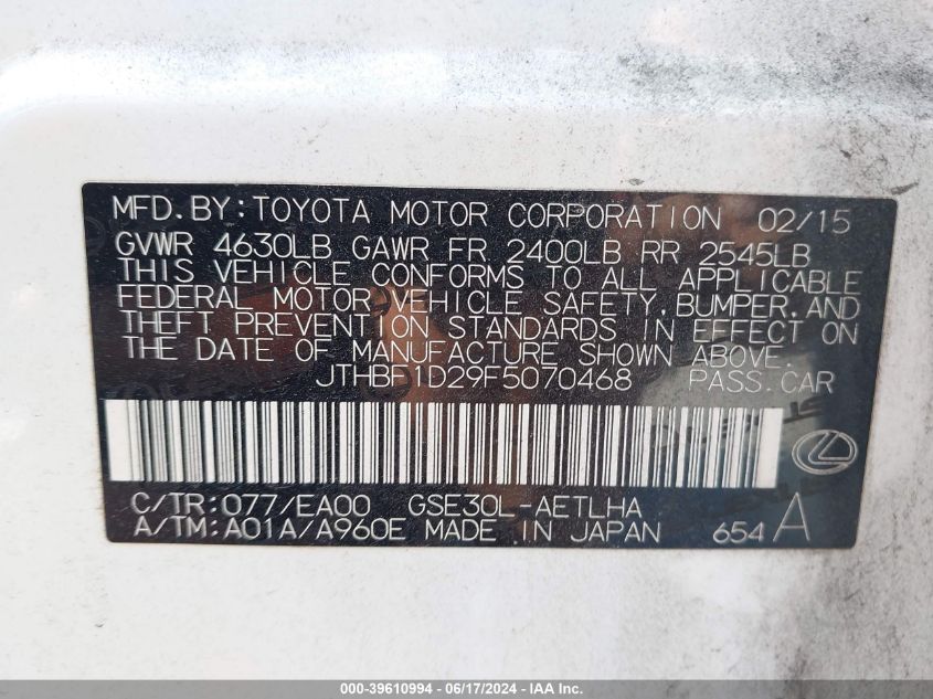 2015 Lexus Is 250 VIN: JTHBF1D29F5070468 Lot: 39610994