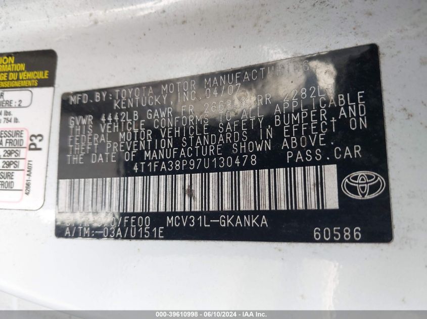 2007 Toyota Camry Solara Se/Sle VIN: 4T1FA38P97U130478 Lot: 39610998