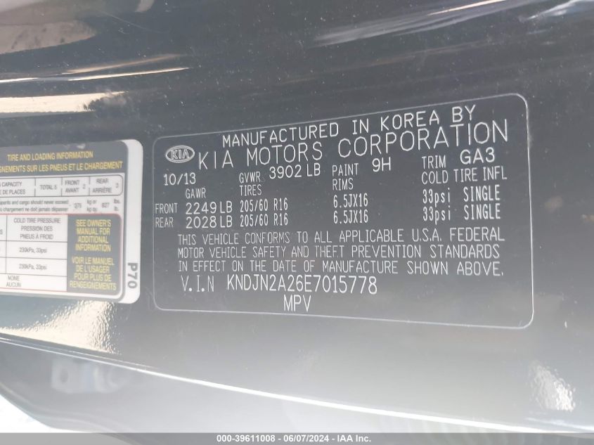 2014 Kia Soul VIN: KNDJN2A26E7015778 Lot: 39611008