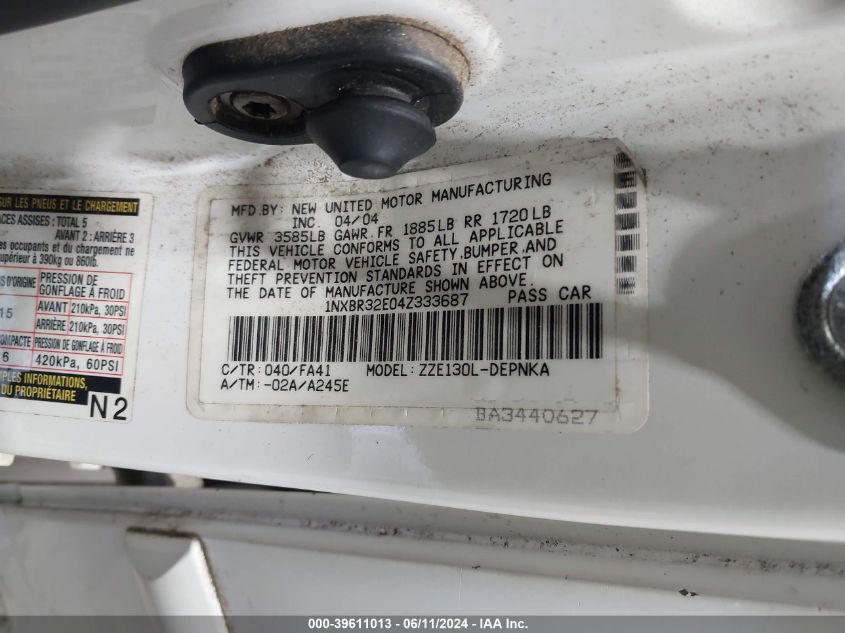 2004 Toyota Corolla Le VIN: 1NXBR32E04Z333687 Lot: 39611013