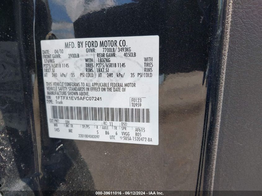 2010 Ford F-150 Fx4/Lariat/Xl/Xlt VIN: 1FTFX1EV5AFC07241 Lot: 39611016