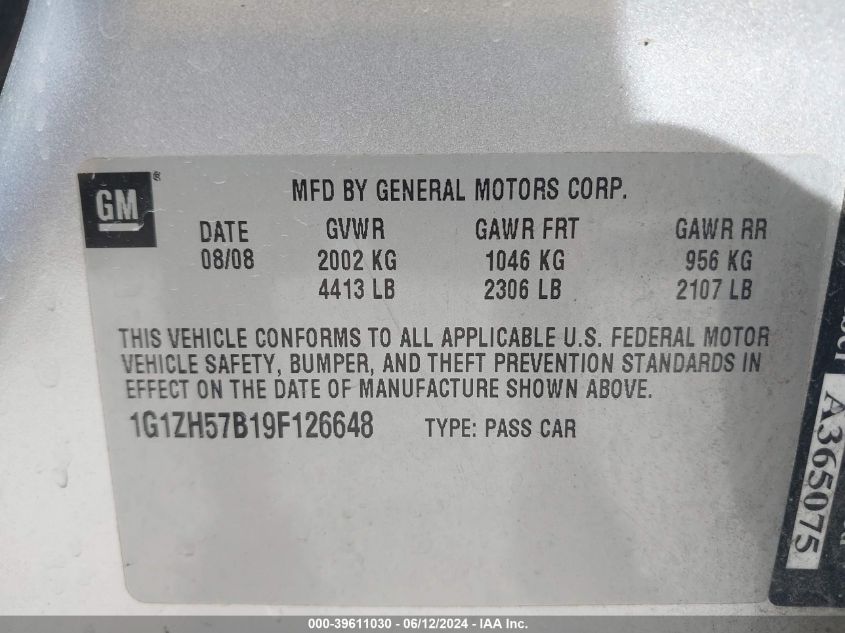 2009 Chevrolet Malibu Lt VIN: 1G1ZH57B19F126648 Lot: 39611030