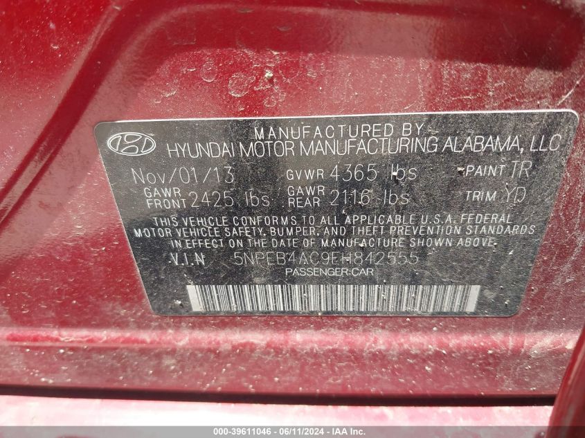 5NPEB4AC9EH842555 2014 Hyundai Sonata Gls