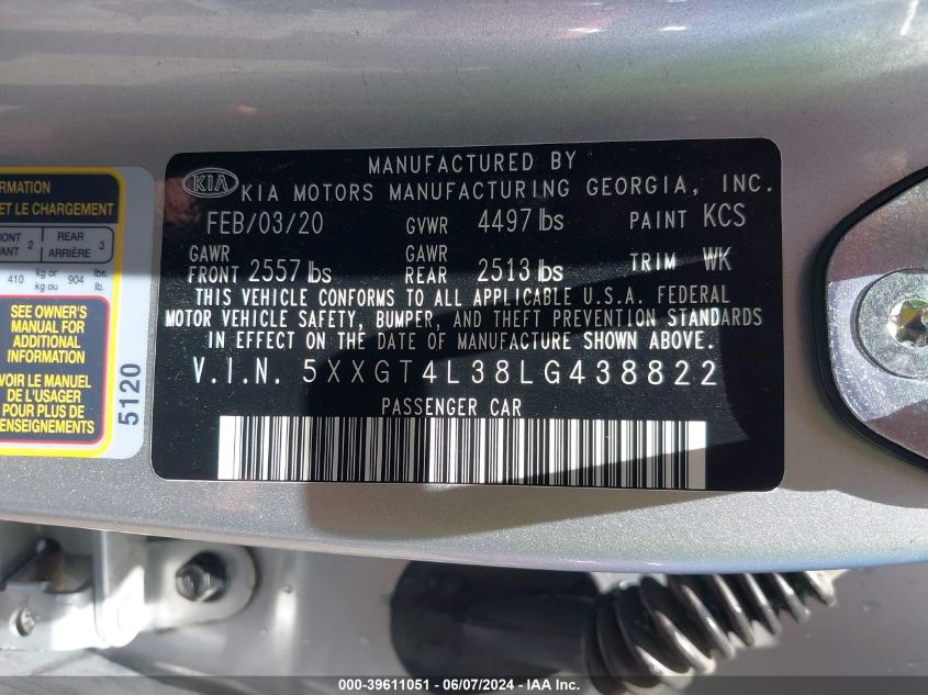 2020 Kia Optima Lx VIN: 5XXGT4L38LG438822 Lot: 39611051