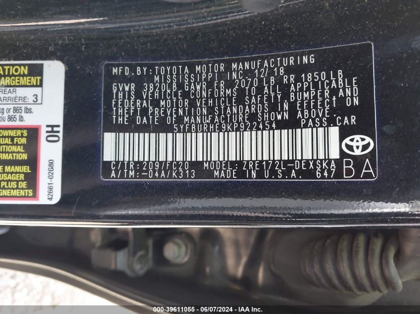 2019 Toyota Corolla Se VIN: 5YFBURHE9KP922454 Lot: 39611055