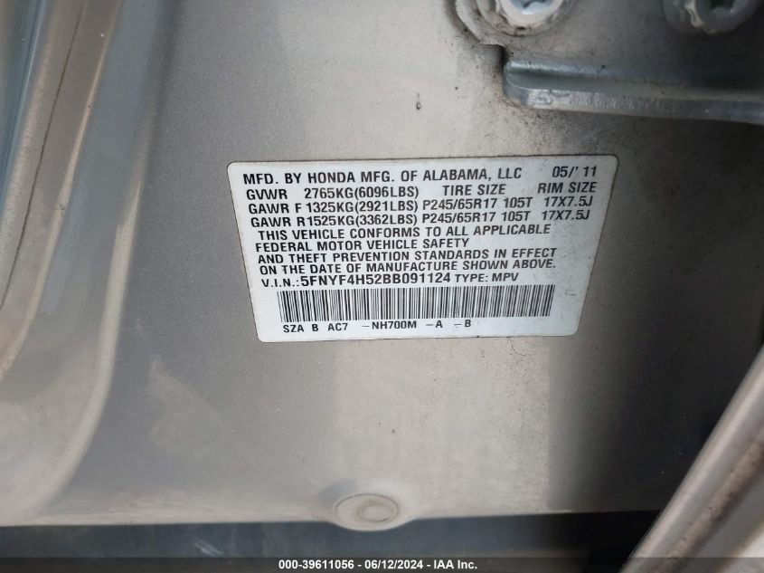 2011 Honda Pilot Ex-L VIN: 5FNYF4H52BB091124 Lot: 39611056