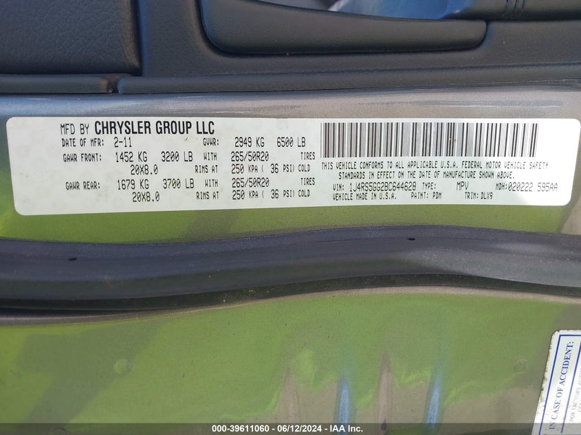 2011 Jeep Grand Cherokee Limited VIN: 1J4RS5GG2BC644628 Lot: 39611060