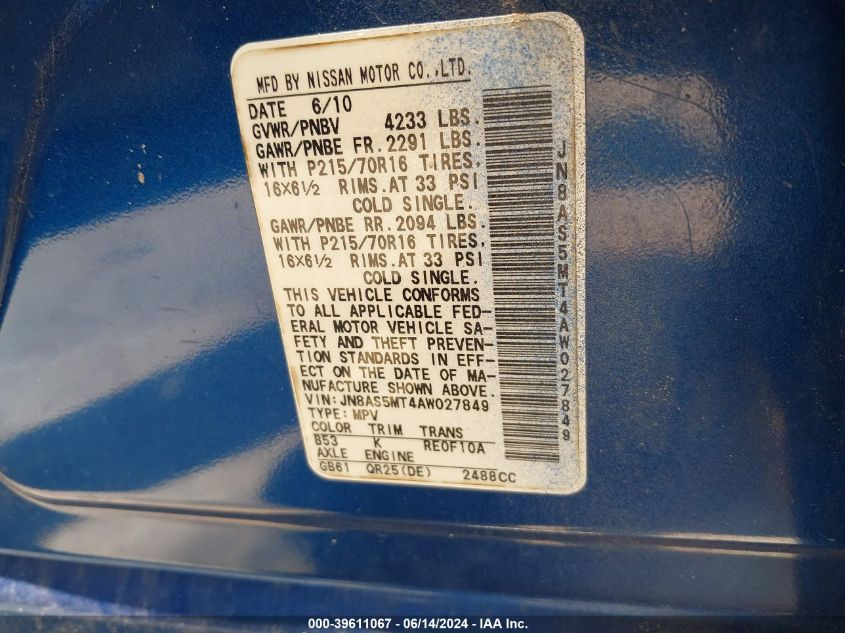 2010 Nissan Rogue S VIN: JN8AS5MT4AW027849 Lot: 39611067