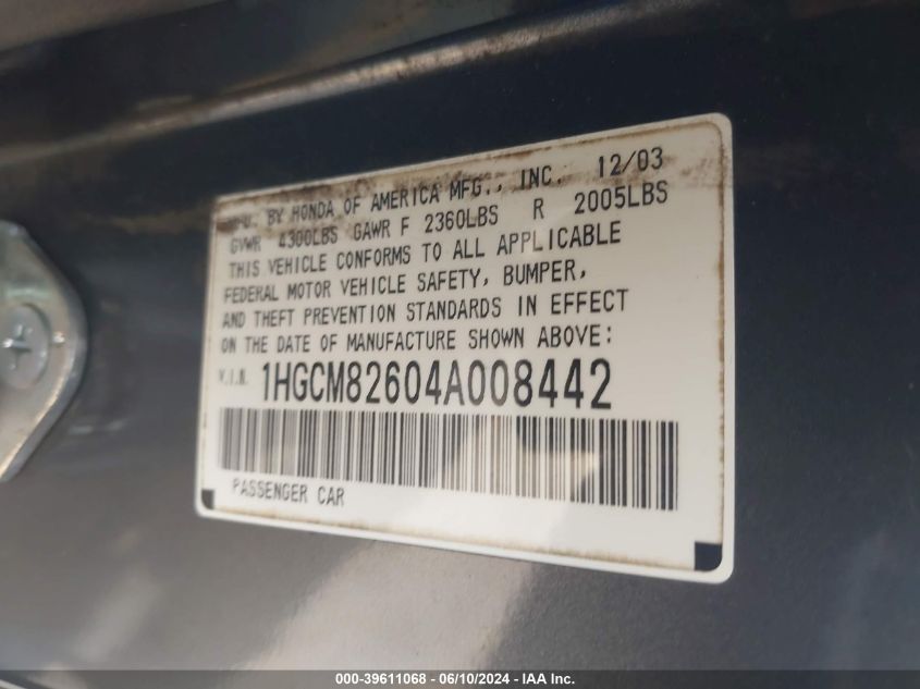 2004 Honda Accord 3.0 Ex VIN: 1HGCM82604A008442 Lot: 39611068