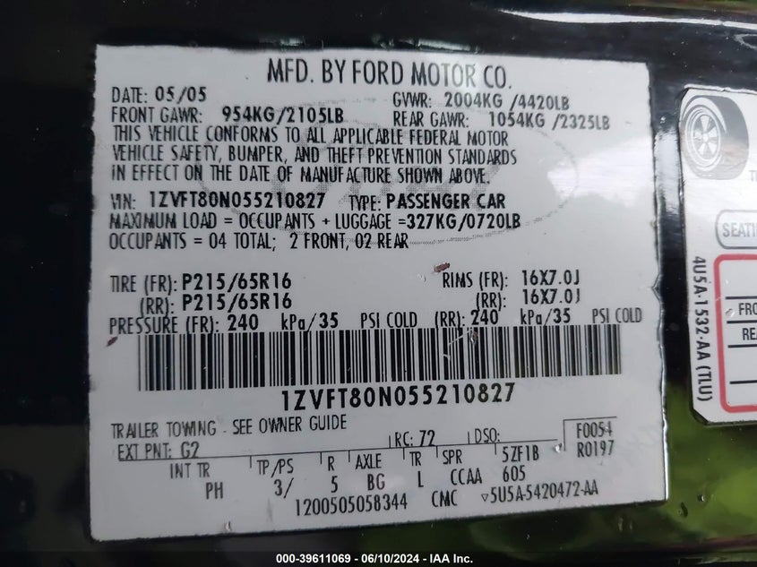 2005 Ford Mustang V6 Deluxe/V6 Premium VIN: 001ZVFT80N0552108 Lot: 39611069