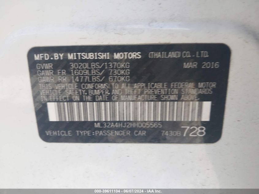 2017 Mitsubishi Mirage Se VIN: ML32A4HJ2HH005565 Lot: 39611104