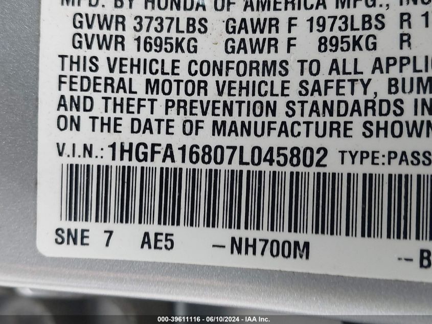 2007 Honda Civic Ex VIN: 1HGFA16807L045802 Lot: 39611116