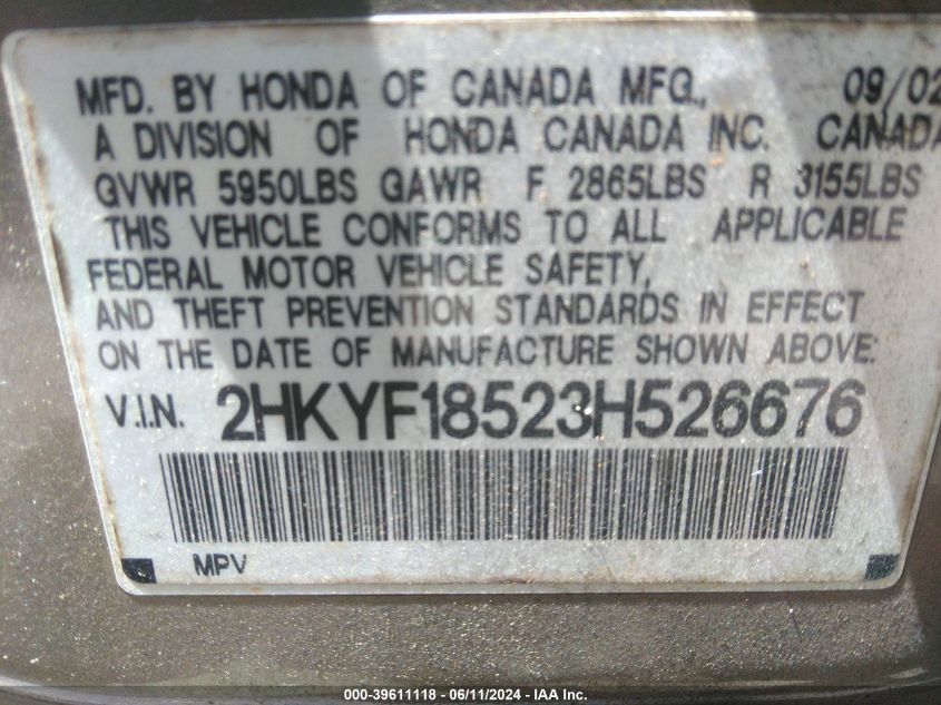 2003 Honda Pilot Ex-L VIN: 2HKYF18523H526676 Lot: 39611118