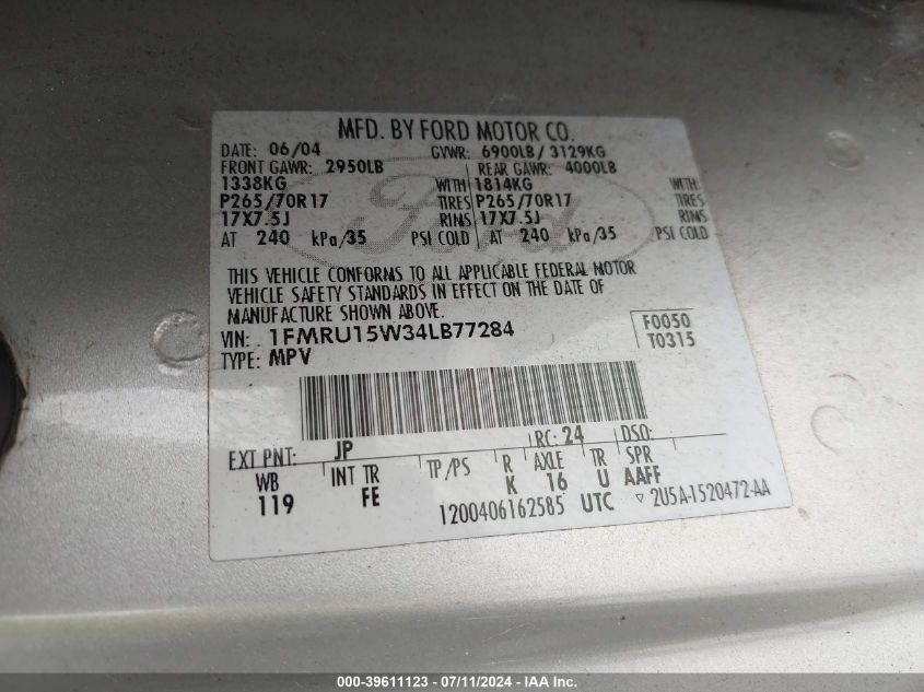 2004 Ford Expedition Xlt VIN: 1FMRU15W34LB77284 Lot: 39611123