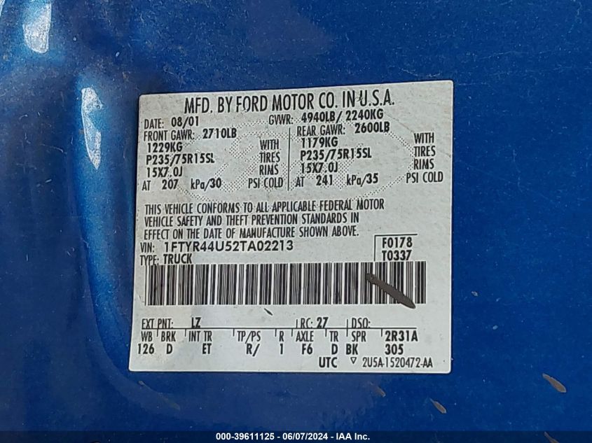 2002 Ford Ranger Edge/Tremor/Xlt VIN: 1FTYR44U52TA02213 Lot: 39611125